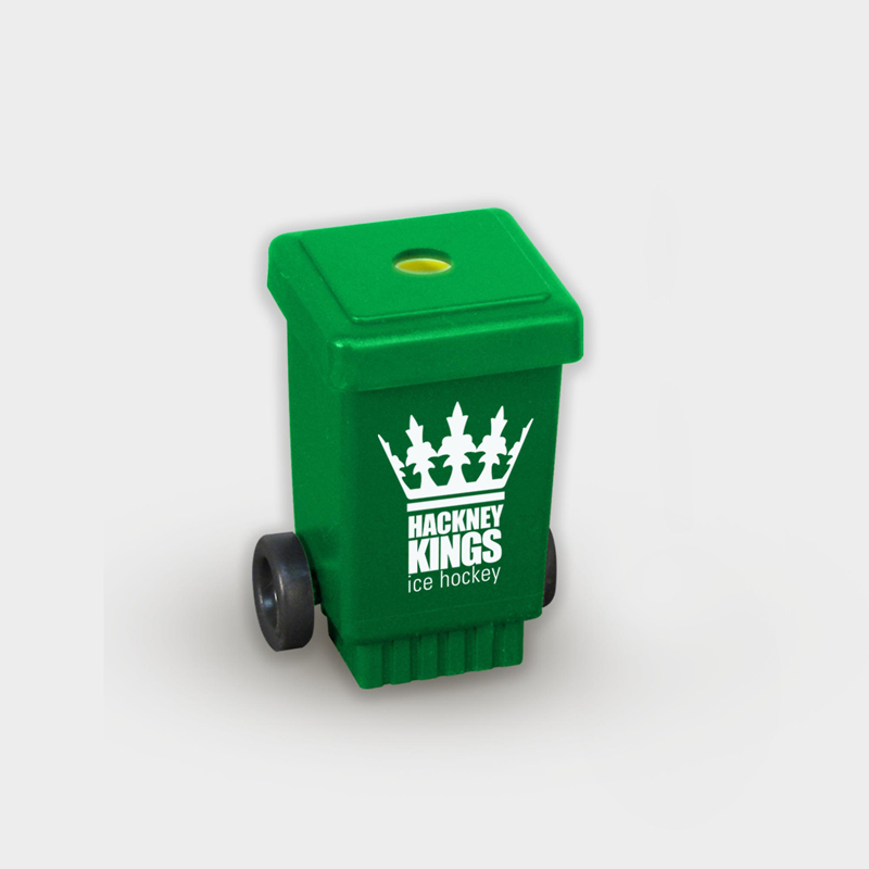 Wheelie Bin Pencil Sharpener in green with 1 colour print logo