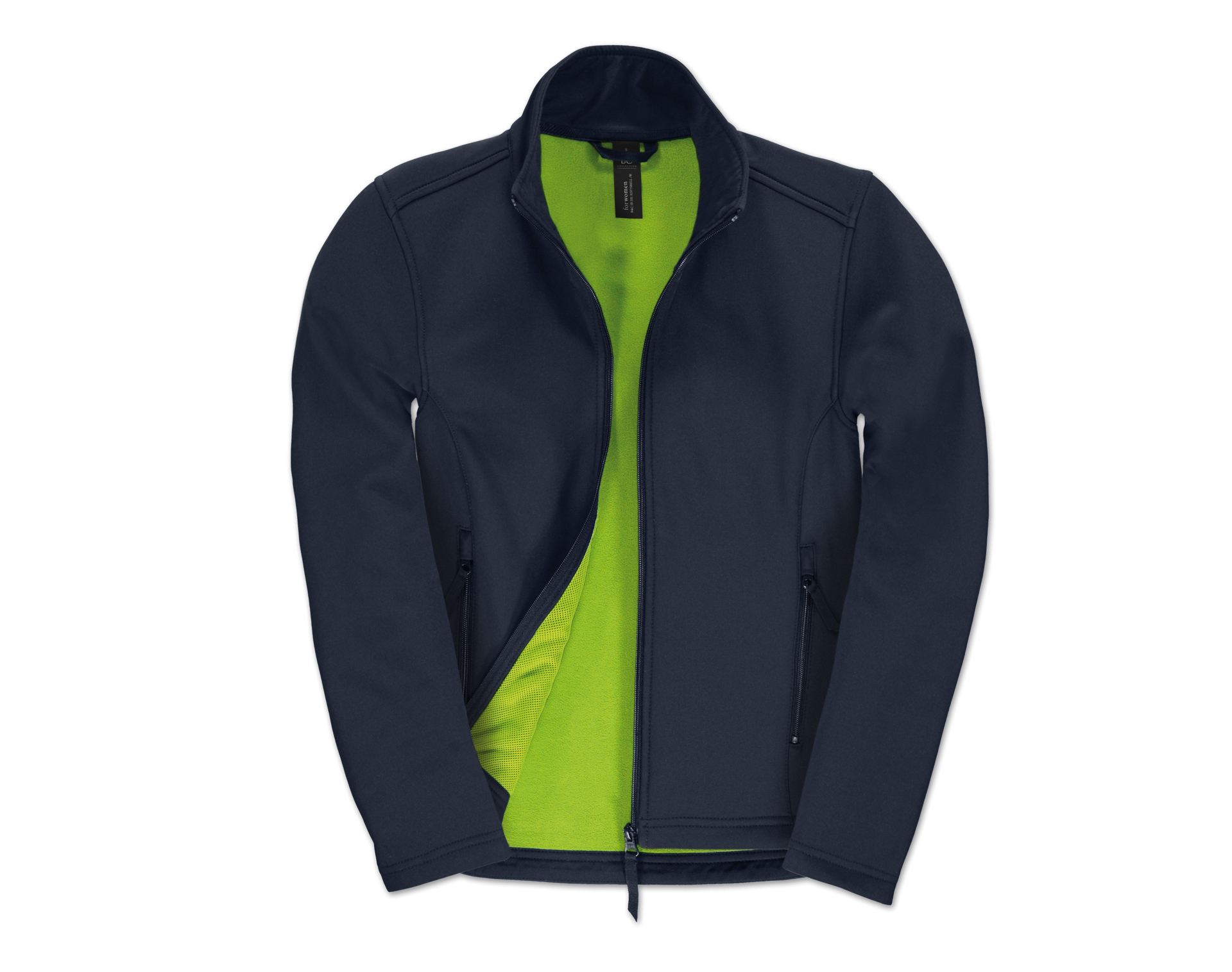 Womens ID 701 Softshell Jacket in navy with full front zip and green inner fleece