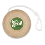 wooden yoyo with a green round logo to the top