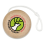 a wooden yoyo with a round three colour logo to the top