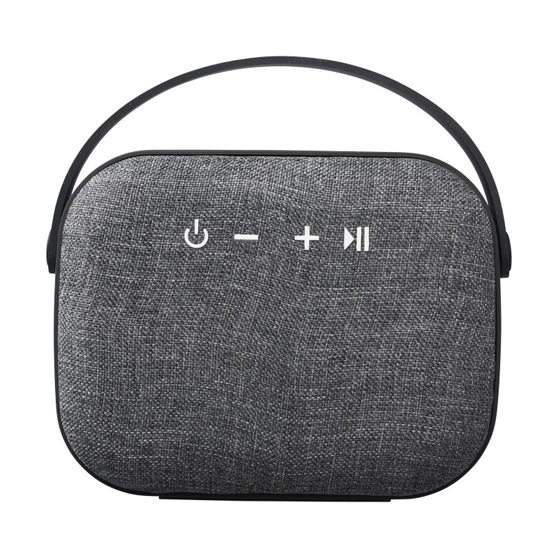black bluetooth mini speaker with a woven fabric front speaker front view