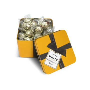 Show details for LARGE SQUARE TIN OF CHAMPAGNE TRUFFLES Gold Square tin - foiled truffles