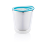 Clear double walled coffee tumbler with blue lid