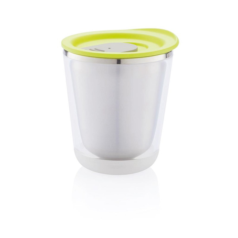 Small travel drinks cup with green lid