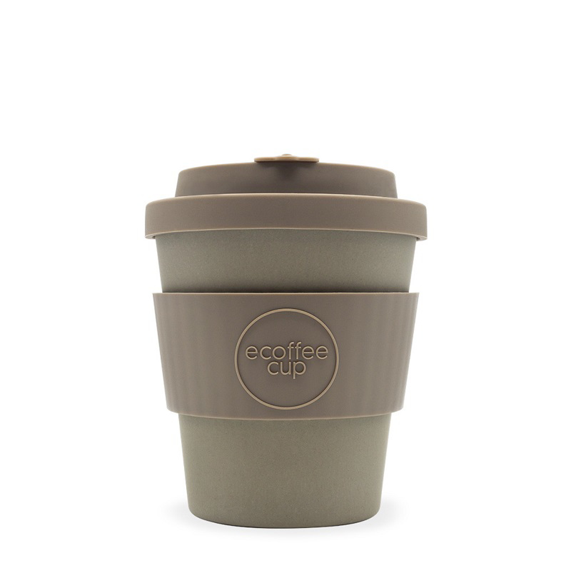 Brown 8oz Ecoffee cup with matching lid and grip