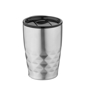 Geometric pattern silver coffee tumbler with black lid, smooth top half suitable for branding