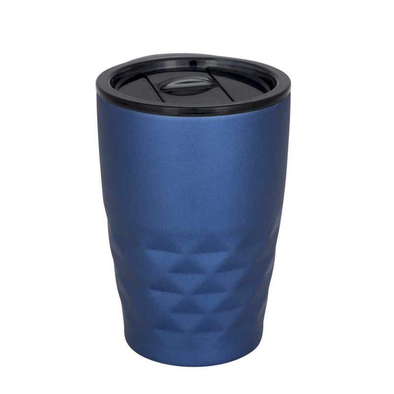 Metallic blue 350ml reusable coffee tumbler with geometric pattern to the bottom and smooth top for branding