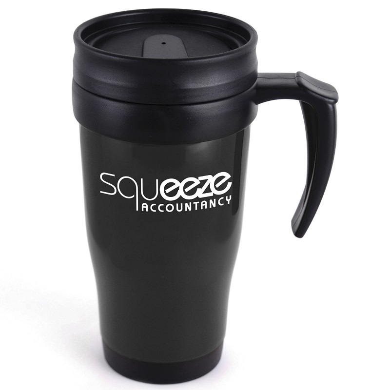 Black travel mug printed with company logo, with black handle