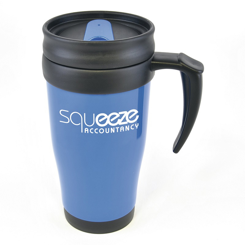 Promotional travel mug with blue body and black handle and lid trim
