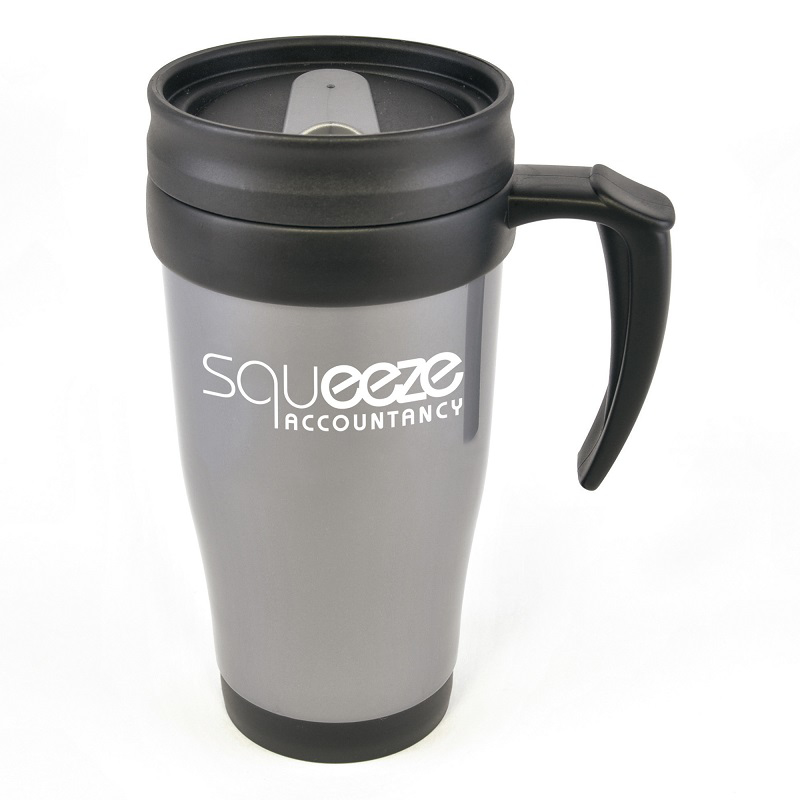 Grey 400ml reusable coffee mug printed with company logo, with black handle