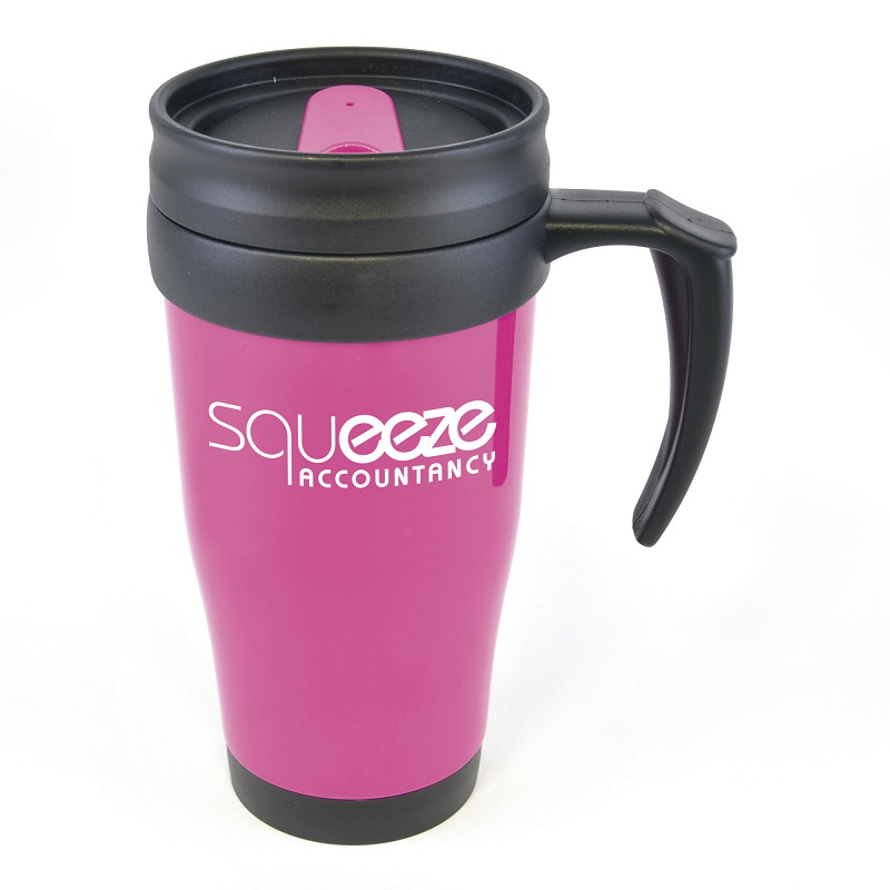 Magenta hot drink mug with black handle, printed with a logo as promotional merchandise
