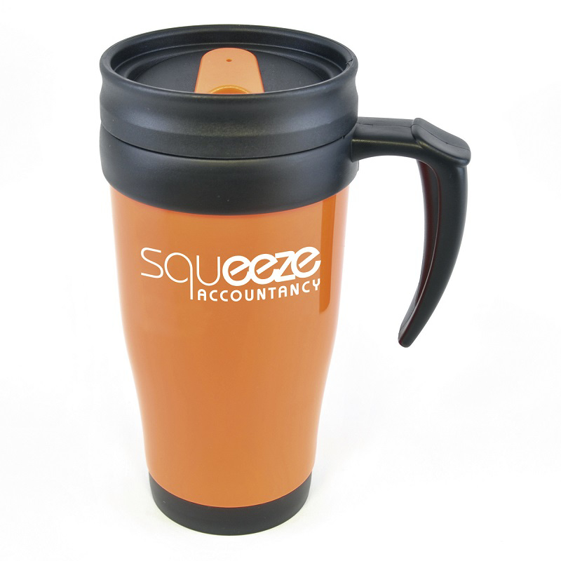 Orange promotional travel coffee mug with handle