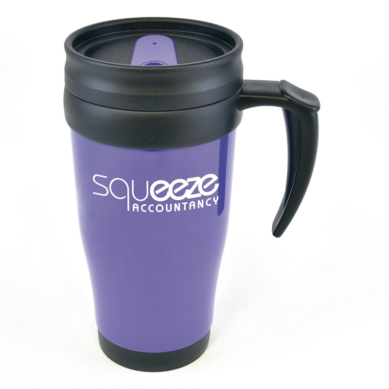 Branded purple travel mug with black handle
