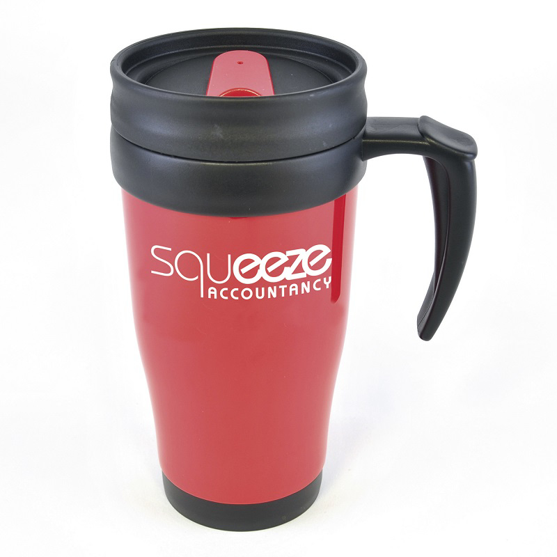 Promotional 400ml travel mug in red with black handle