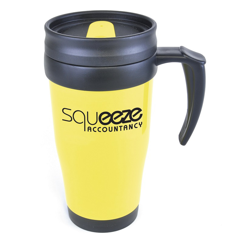 Yellow travel mug with black handle, printed with company logo