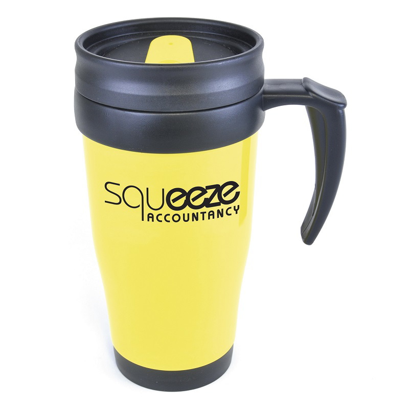 Yellow travel mug with black handle, printed with company logo
