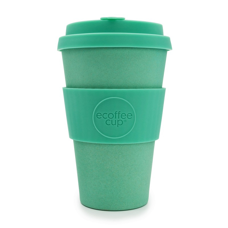 Green 14oz reusable travel cup with silicone grip and lid