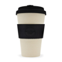 Natural coloured 14oz travel coffee tumbler with black silicone grip and lid