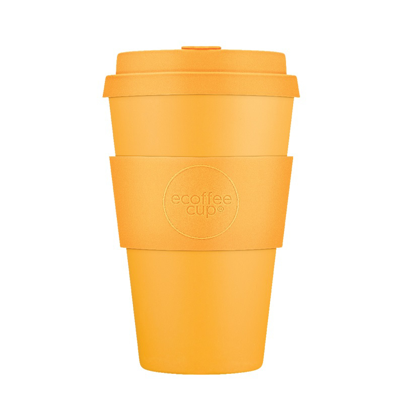 Orange reusable 14oz coffee tumbler with grip and lid