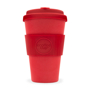 Red coffee tumbler with heat protection grip and matching lid