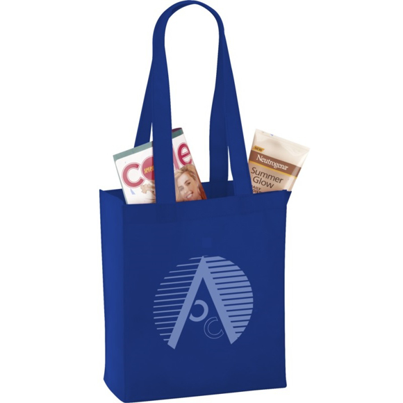 Promotional mini tote bag in blue with long handles and company logo printed to the front