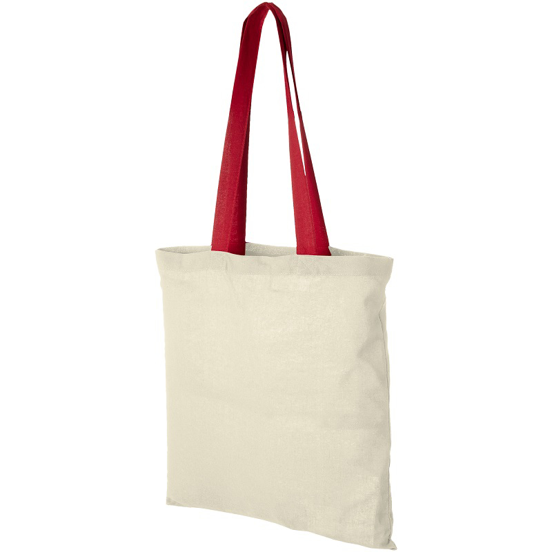 Red handled shopping bag with natural cotton sides for advertising company logos