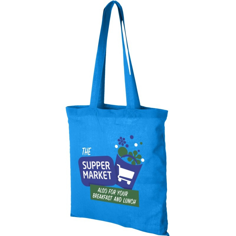 Blue reusable shopper bag with blue handles and large print to the front