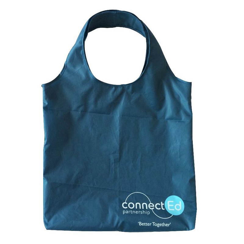 Folding shopper bag with rounded handles and company logo printed in the bottom corner