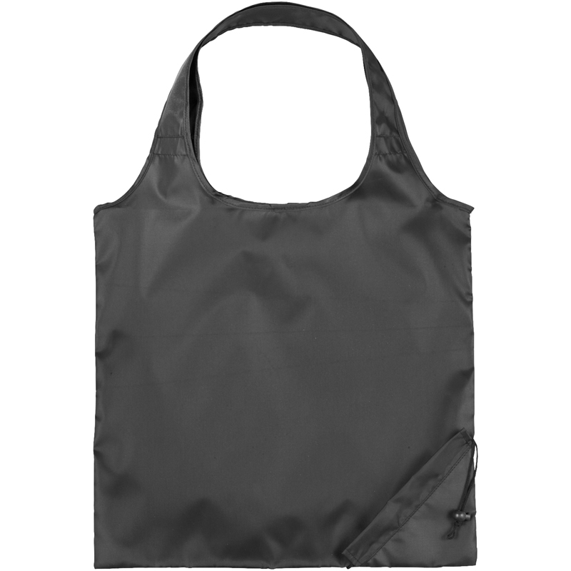 Black foldable tote bag with corner pouch and round handles