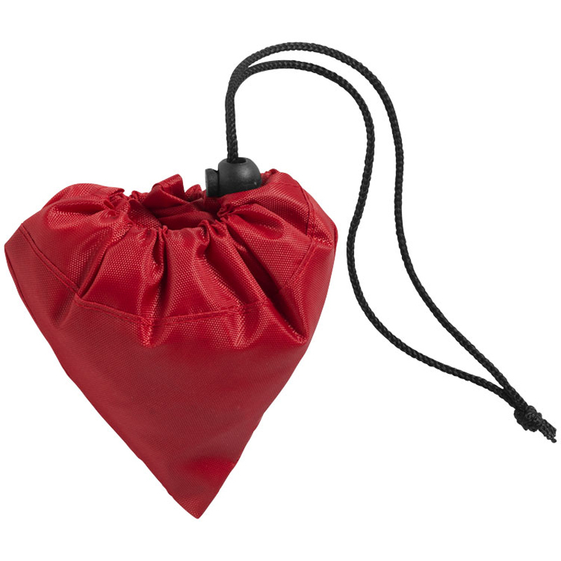 Red shopper bag folded into corner storage pouch and tied with drawstring