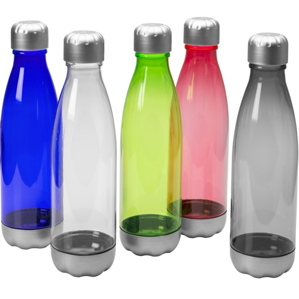 Group of aqua drinks bottles in a range of transparent colours with silver base trim and screw lid
