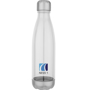 Promotional clear plastic drinking bottle with silver screw lid, printed with a company logo