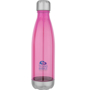 Reusable plastic sports bottle in translucent pink with silver lid and base and branded with logo