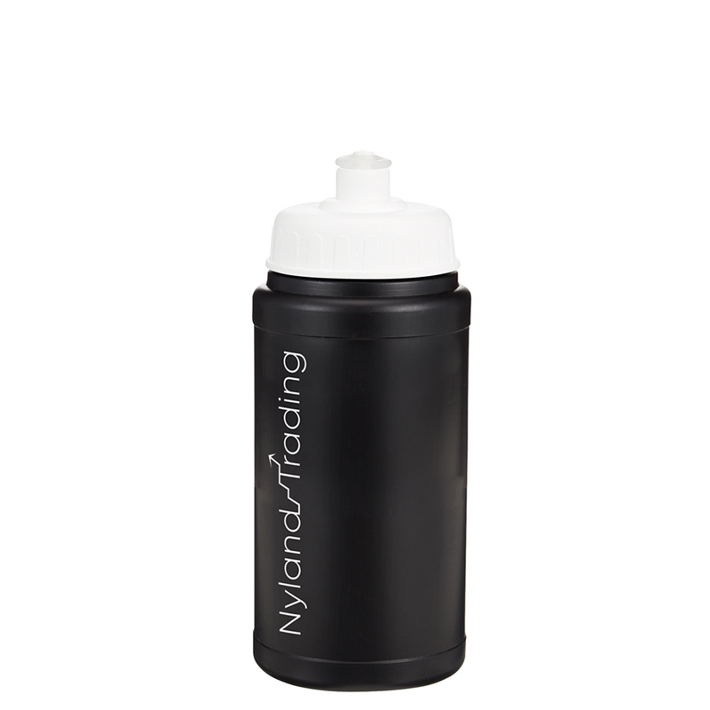 500ml Black sports bottle with white lid and logo printed up the side