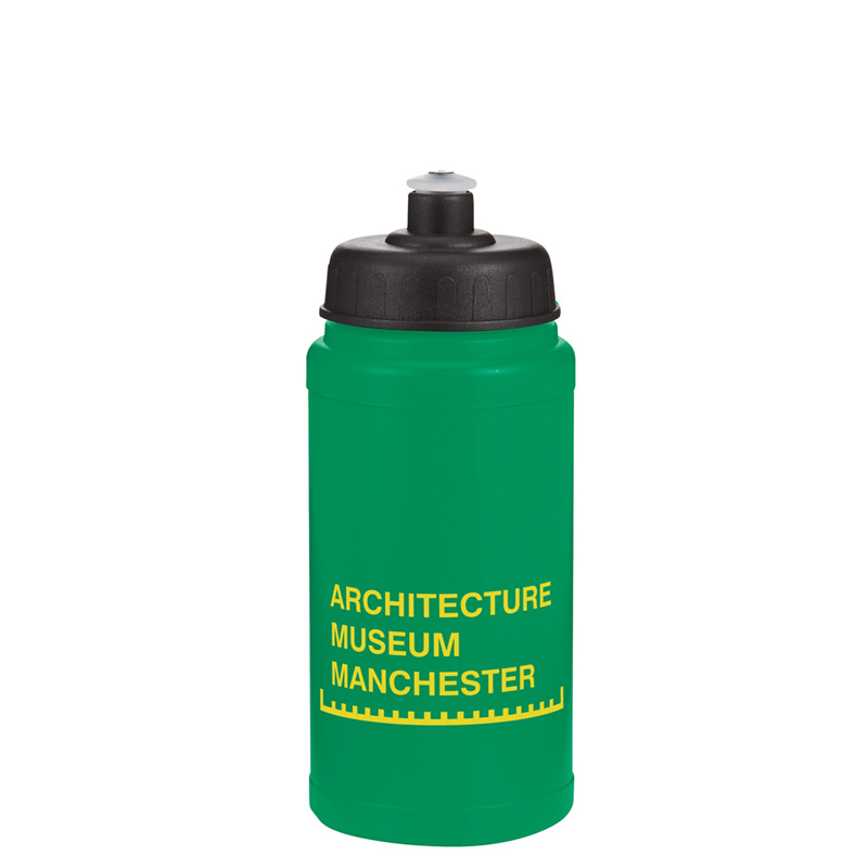 Reusable sports drinking bottle with black lid and branding to the front