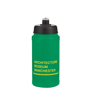 Reusable sports drinking bottle with black lid and branding to the front