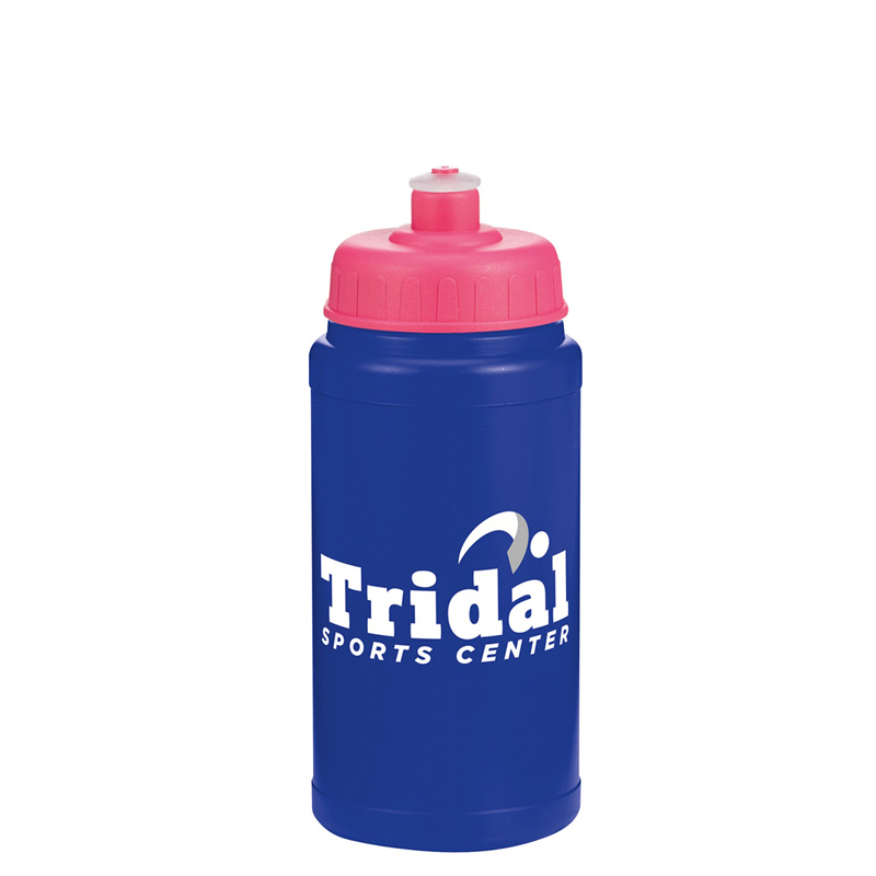 500ml Navy bottle with pink sports lid and company logo pinted