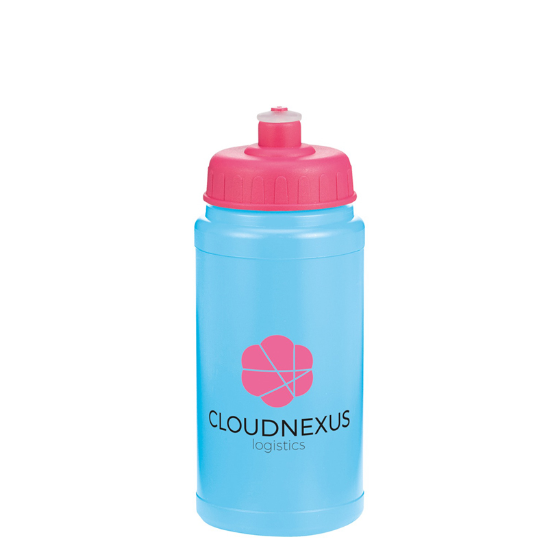 Blue bottle with pink push pull sports lid advertising a company logo