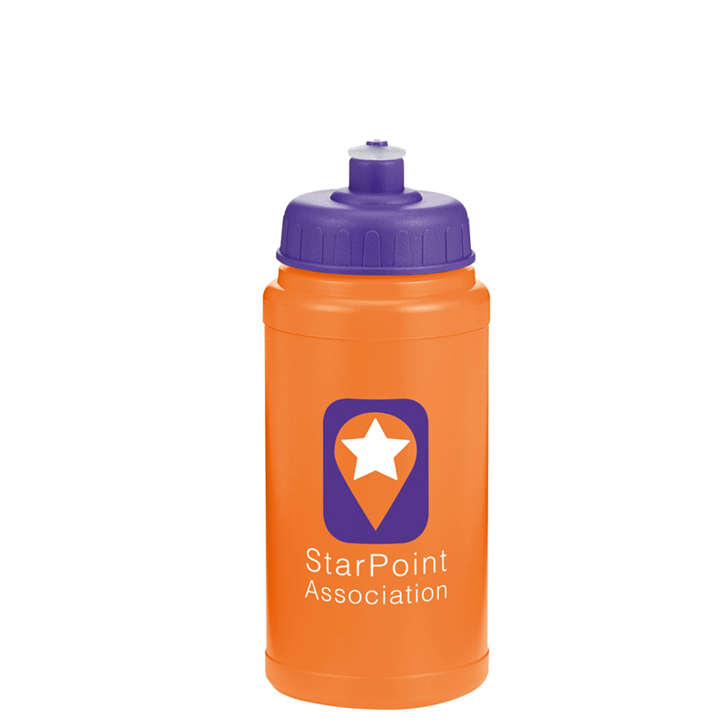 Promotional sports drinking bottle with purple lid and company logo printed onto an orange bottle