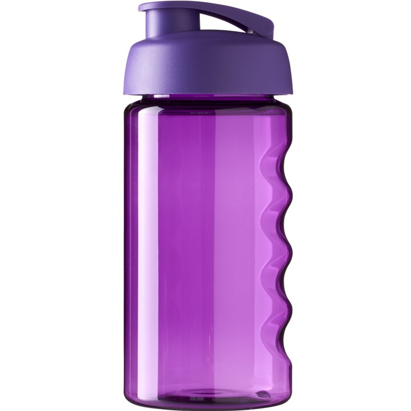 Translucent purple 500ml sports bottle with flip lid and finger grip