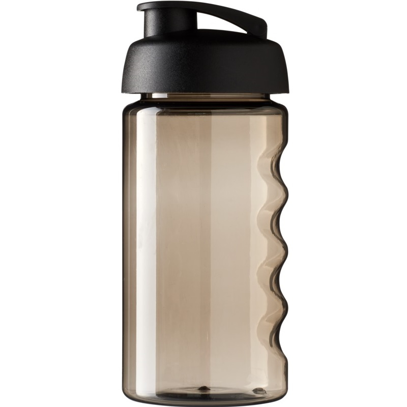 Translucent grey sports drinking bottle with finger grip and flip lid