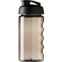 Translucent grey sports drinking bottle with finger grip and flip lid