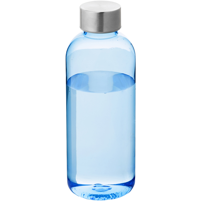 Promotional spring drinks bottle in translucent blue with silver screw top