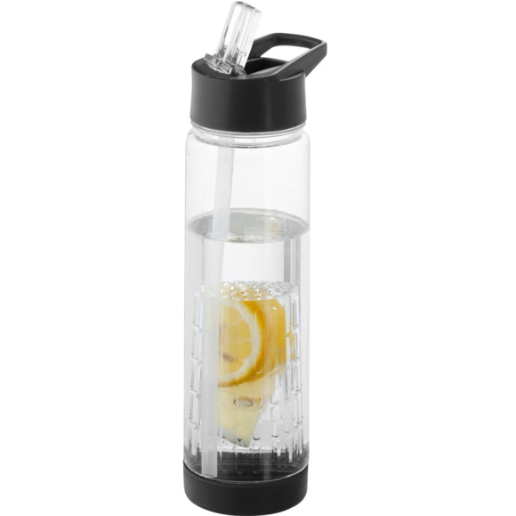 Tall slim clear water bottle with fruit infuser, black base and lid with built in straw and carry loop