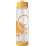 Promotional water bottle with yellow lid and base, company logo printed onto the clear body