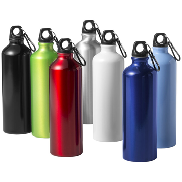 Metal drink bottles in a range of colours with lack screw on lids and carabiner clips