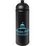 Printed sports bottle in black with matching lid and company logo printed to the front