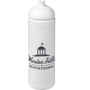 Solid white 750ml sports drinking bottle with company branding on the front