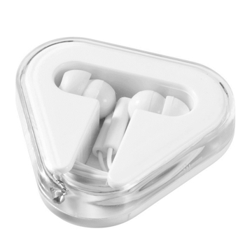 Promotional earphones in a white case with matching trim and cable