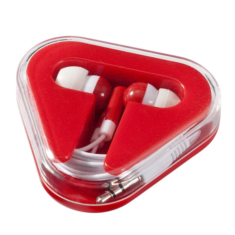 Red earphones in matching case with white cable and earbud trim